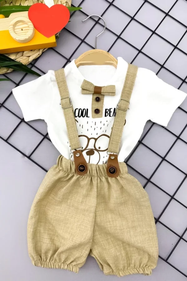 9-12-18-24 Ay Papyon Detaylı Keten Şort Salopet Tişörtlü 2li Erkek Bebek Takımı