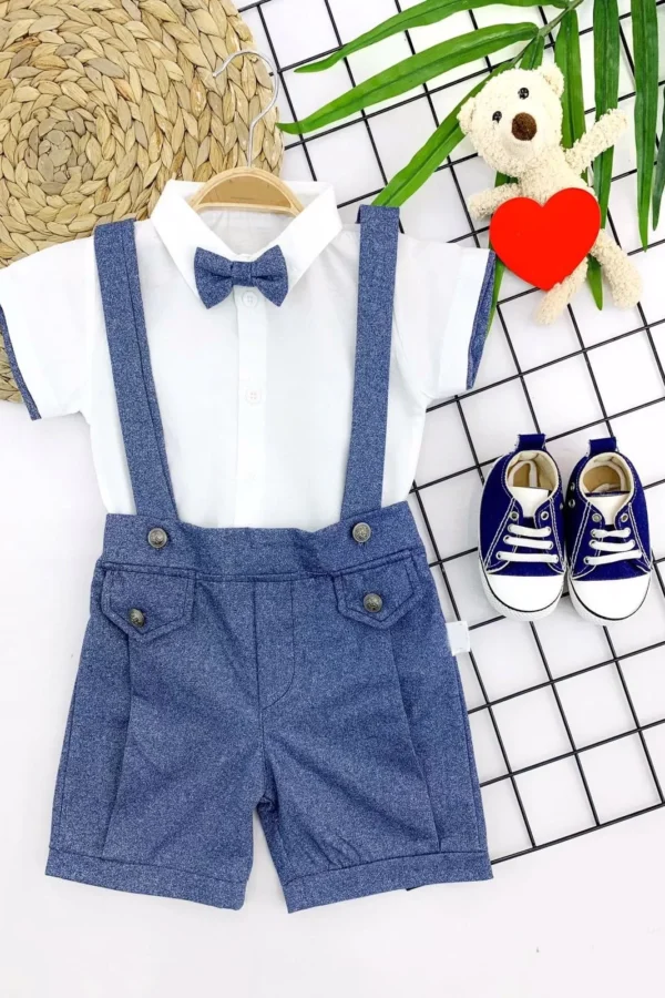 9-12-18-24 Ay Papyonlu Gömlek 2li Erkek Bebek Salopet Takımı İndigo