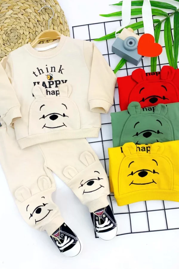 9-12-18-24 Ay Pohh Desenli Uzun Kollu Sweat 2li Kız Erkek Bebek Takımı Krem