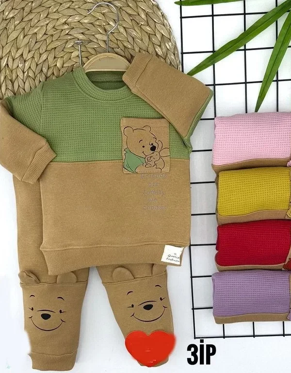 9-12-18-24 Ay Pooh Ayıcık Baskılı Tek Cepli Uzun Kollu 2li Kız Erkek Bebek Takımı