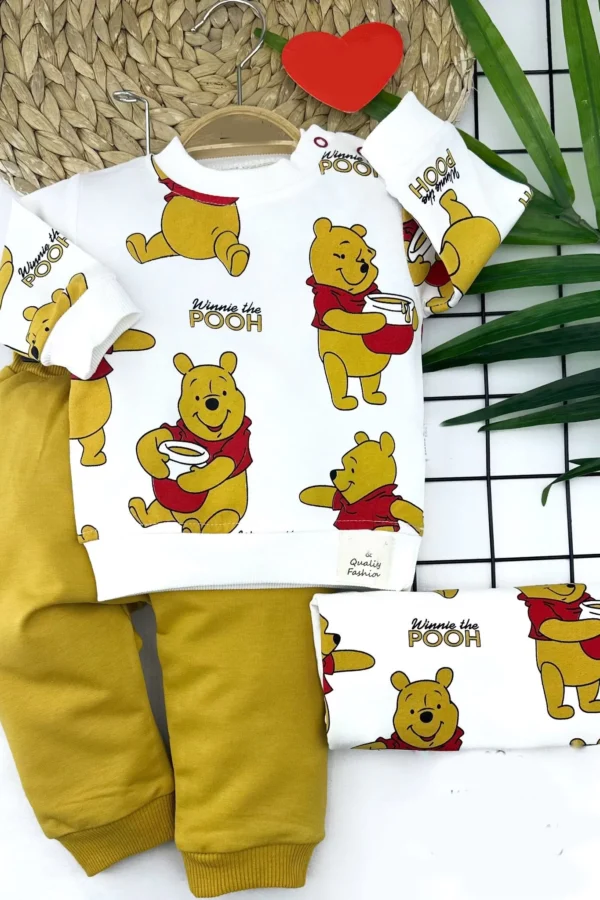 9-12-18-24 Ay Pooh Baskılı Yaka Çıtçıtlı Uzun Kollu Sweatli 2li Kız Erkek Bebek Takımı