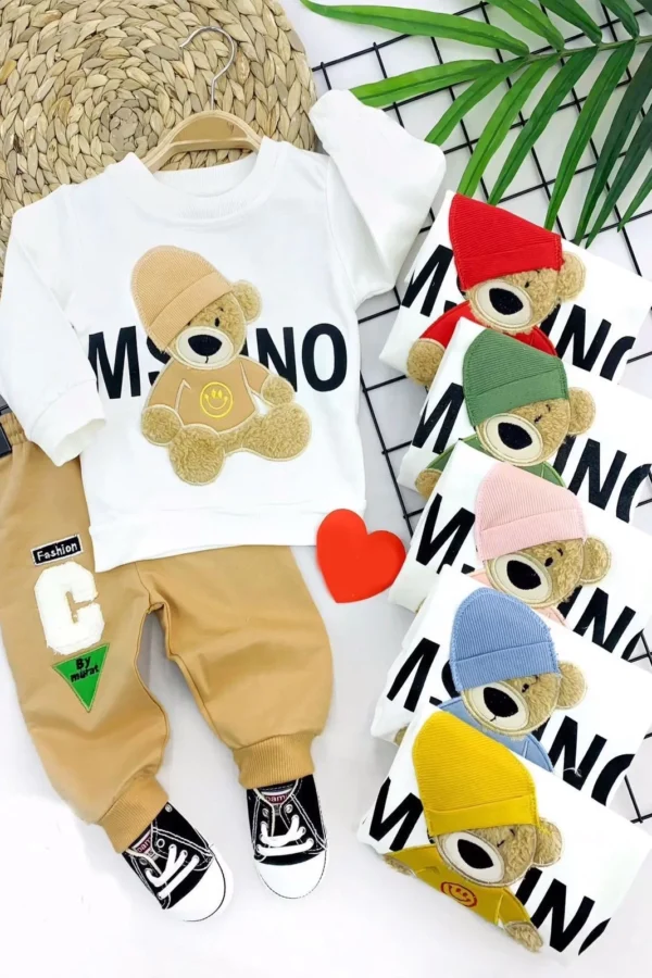 9-12-18-24 Ay Şapkalı Ayıcık Figürlü 2li Kız Erkek Bebek Takımı