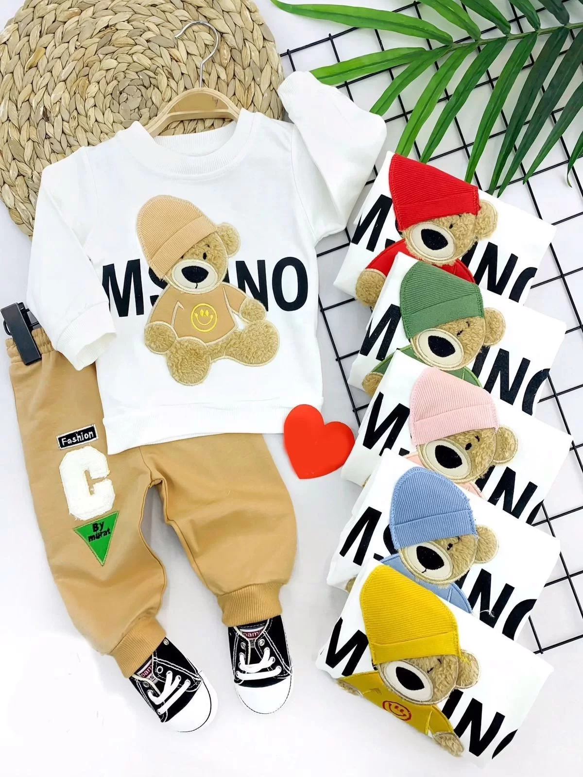 9-12-18-24 Ay Şapkalı Ayıcık Figürlü 2li Kız Erkek Bebek Takımı