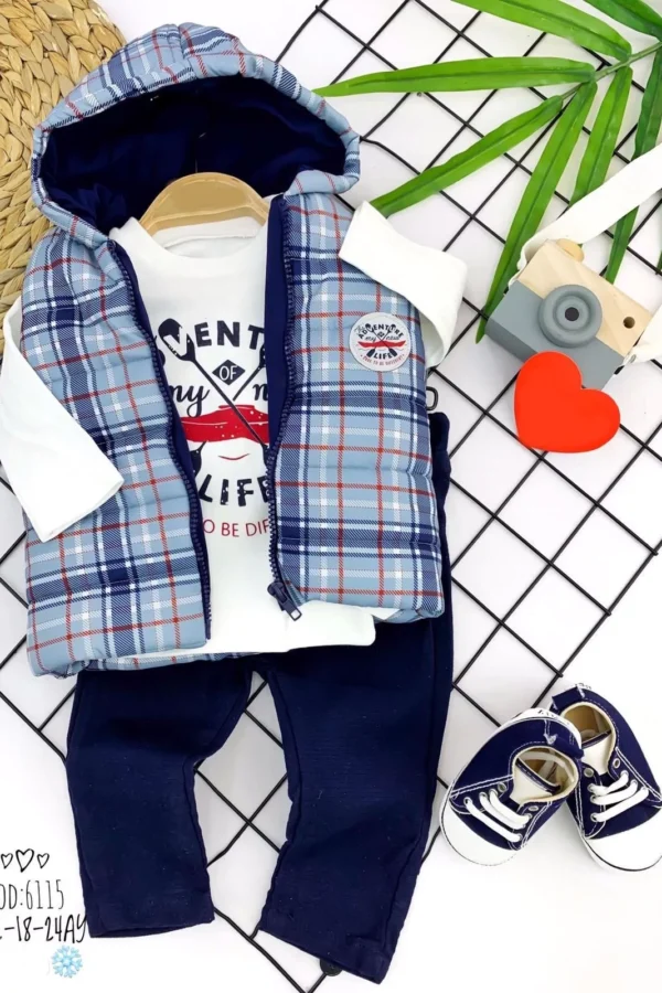 9-12-18-24 Ay Şişme Kapşonlu Yelek Denim Pantolon Baskılı Uzun Kollu Sweat 3lü Erkek Bebek Takımı