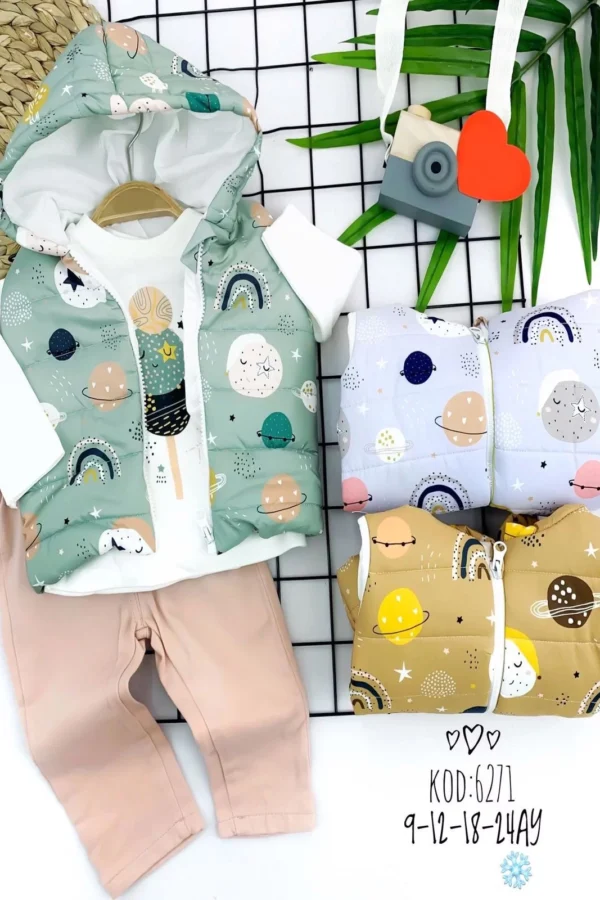 9-12-18-24 Ay Şişme Kapşonlu Yelek Galaksi Gezegenler Baskılı Uzun Kollu Sweat 3lü Kız Bebek Takımı