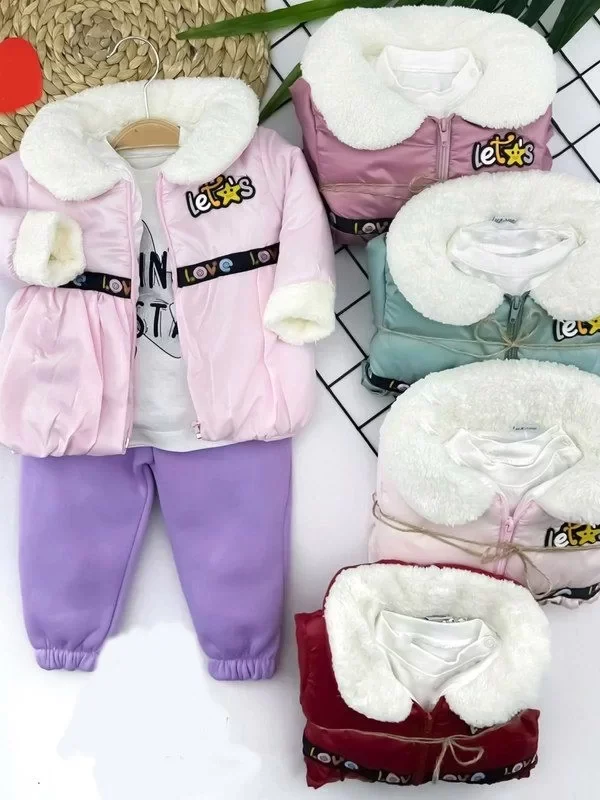 9-12-18-24 Ay Tüylü Yaka Manşet Mont Lastik Paça Pantolon Uzun Kollu Sweatli 3lü Kız Bebek Takımı