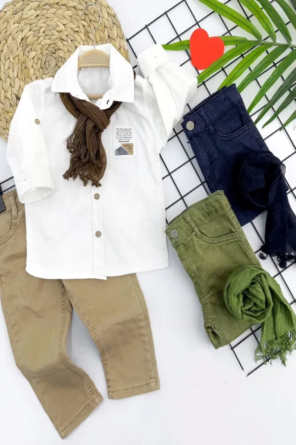 9-12-18-24 Ay Ve 3-4-5 Yaş Fularlı Pamuk Keten Gömlekli Pantolonlu 3lü Erkek Bebek Takımı