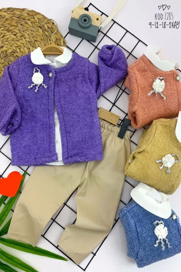 9-12-18-24 Ay Yaka Düğme Kapamalı Kırçıllı Ceket Uzun Kollu Gömlekli 3lü Kız Bebek Takımı