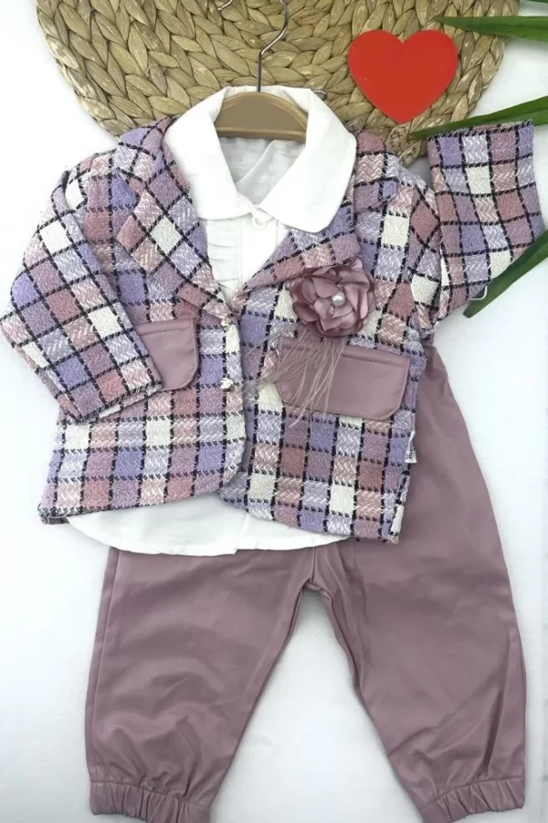 9-12-18-24 Ay Yaka Gül Detaylı Cepli Ceketli Uzun Kollu Örme Kumaş Kız Bebek Takımı