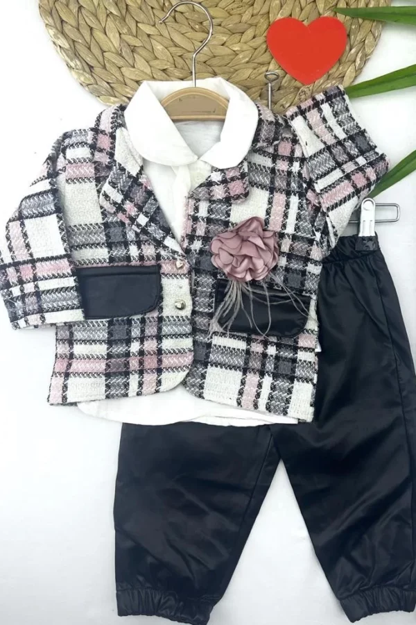 9-12-18-24 Ay Yaka Gül Detaylı Cepli Ceketli Uzun Kollu Örme Kumaş Kız Bebek Takımı