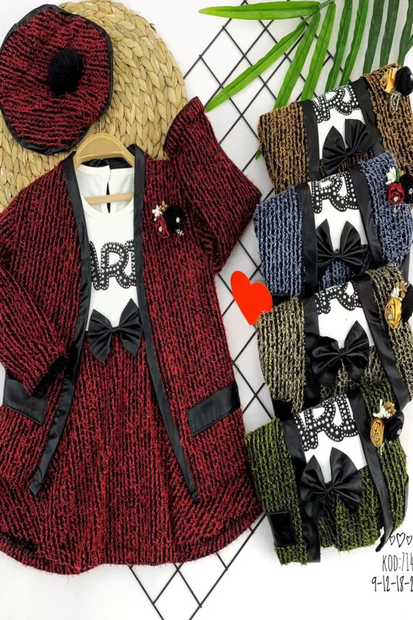 9-12-18-24 Ay Yaka Gül Detaylı Cepli Yelekli Şapkalı Uzun Kollu Örme Kumaş Kız Bebek Takımı