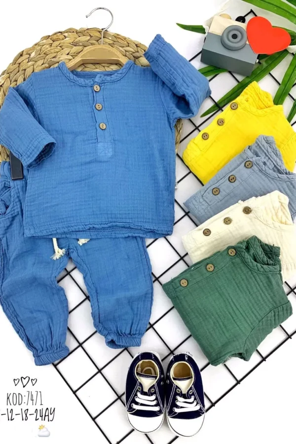 9-12-18-24 Nefes Alan Yumuşak %100 Organik Pamuk Kumaş Hasır Kuşaklı 2li Kız Erkek Bebek Takımı