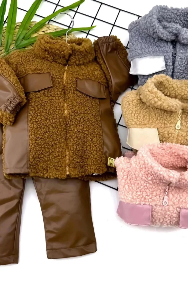 9-12-18 Ay Cep Kapaklı Welsoft Kumaş Derili Fermuar Kapamalı 2li Kız Erkek Bebek Takımı Kahverengi