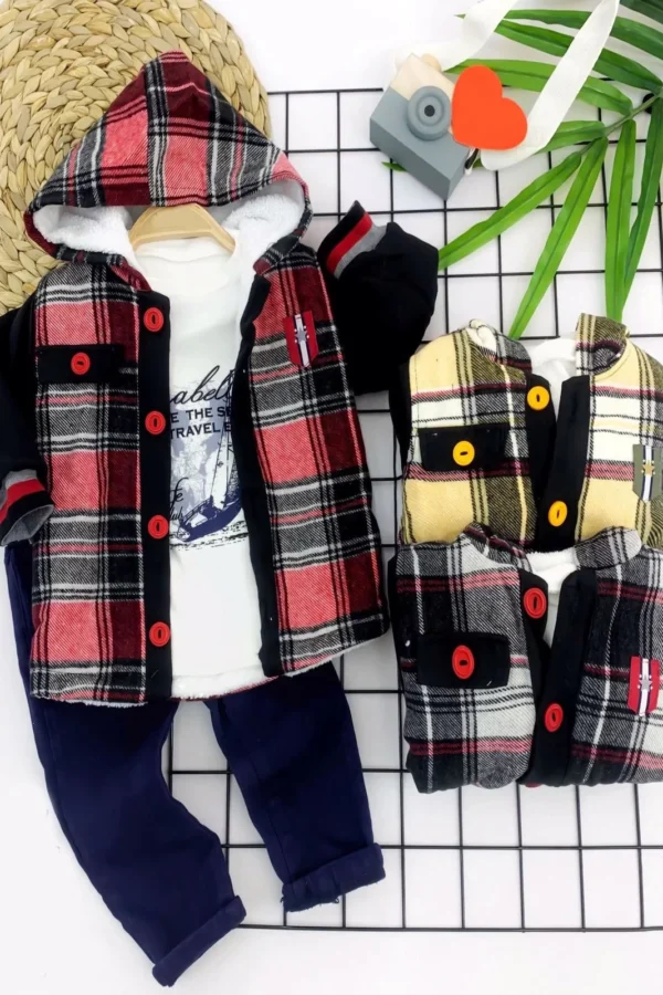 9-12-18 Ay Düğme Kapamalı Ceket Uzun Kollu Sweatli 3lü Erkek Bebek Takımı Siyah