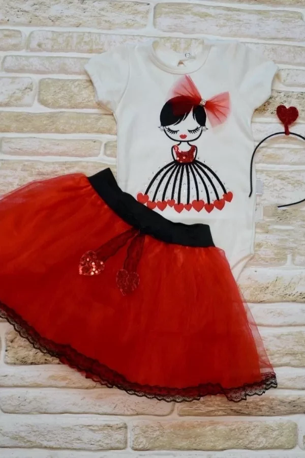 9-12-18 Ay Kalp Kız Nakışlı Taçlı Kısa Kollu Tütü Etek 3lü Kız Bebek Takımı Kırmızı