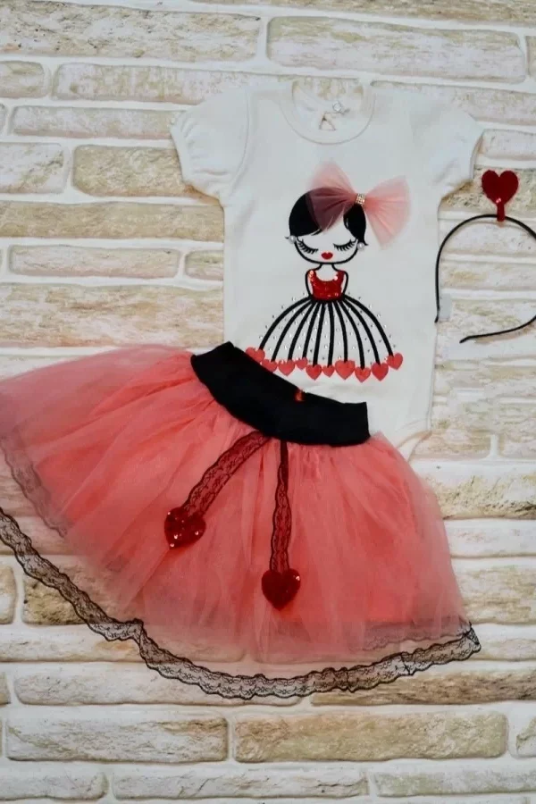 9-12-18 Ay Kalp Kız Nakışlı Taçlı Kısa Kollu Tütü Etek 3lü Kız Bebek Takımı Nar Çiçeği