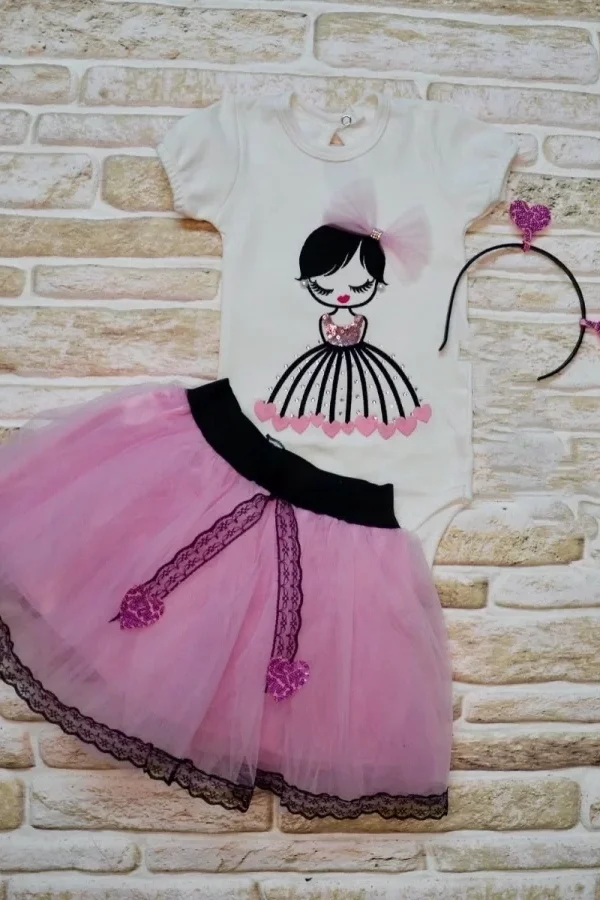 9-12-18 Ay Kalp Kız Nakışlı Taçlı Kısa Kollu Tütü Etek 3lü Kız Bebek Takımı Lila