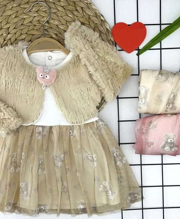 9-12-18 Ay Kürklü Bolerolu Eteği Ayıcık Baskılı Astarlı Kız Bebek Elbisesi Pembe