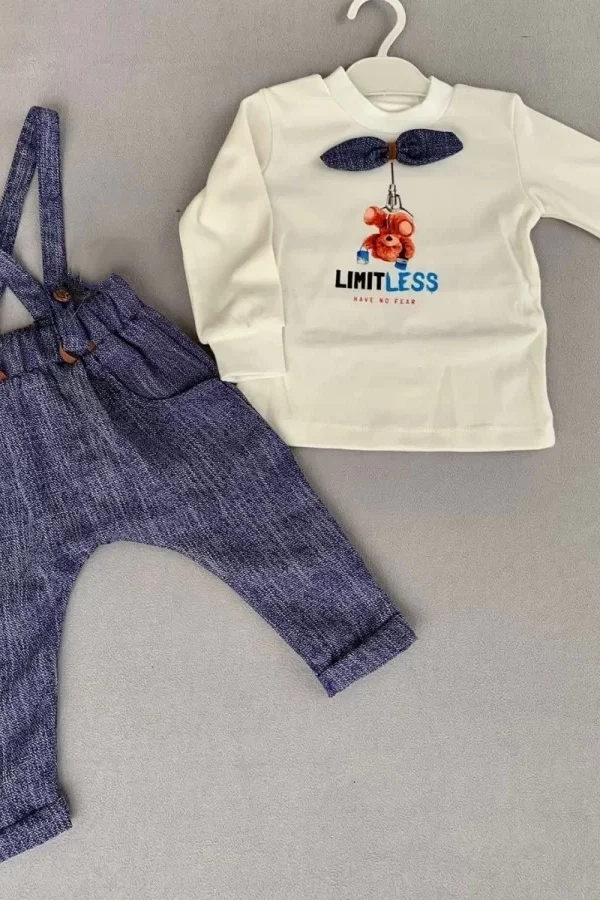 9-12-18 Ay Papyonlu Sweat Kot Pantolon 2li Erkek Bebek Salopet Takımı Lacivert