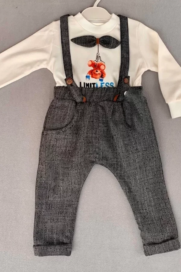 9-12-18 Ay Papyonlu Sweat Kot Pantolon 2li Erkek Bebek Salopet Takımı Gri