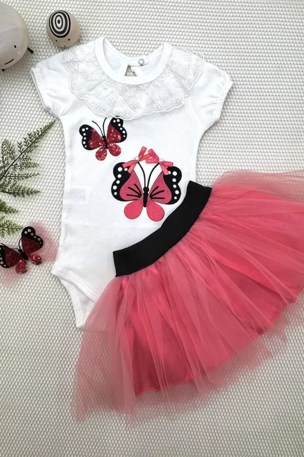 9-12-18 Ay Payetli Kelebek Nakışlı Taçlı Kısa Kollu Tütü Etek 3lü Kız Bebek Takımı