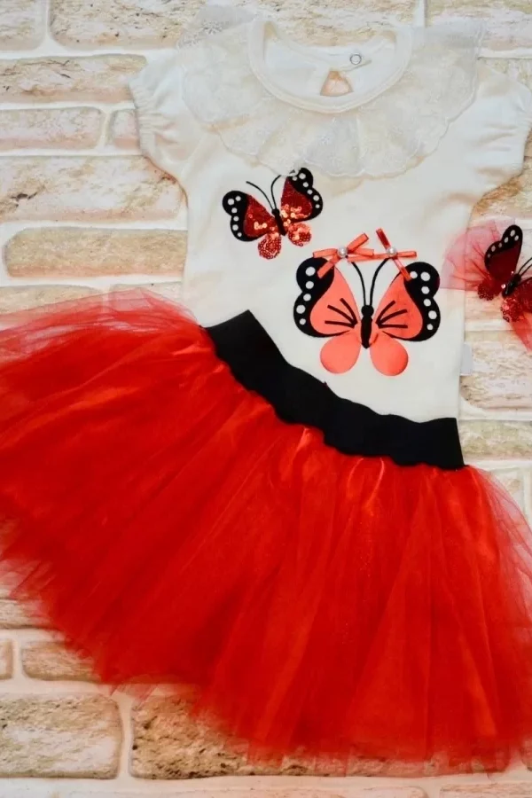 9-12-18 Ay Payetli Kelebek Nakışlı Taçlı Kısa Kollu Tütü Etek 3lü Kız Bebek Takımı