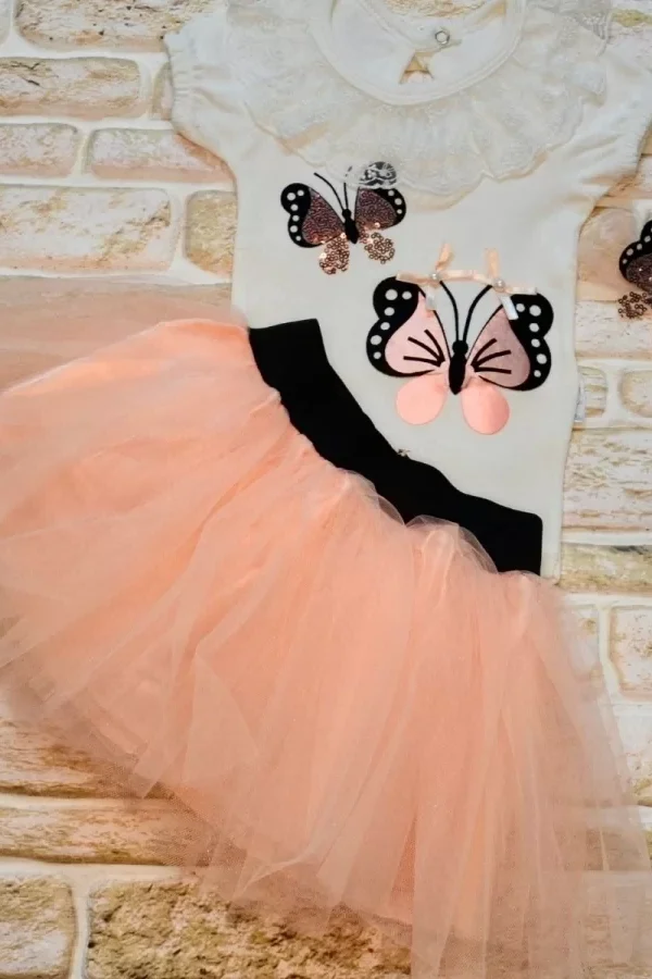 9-12-18 Ay Payetli Kelebek Nakışlı Taçlı Kısa Kollu Tütü Etek 3lü Kız Bebek Takımı