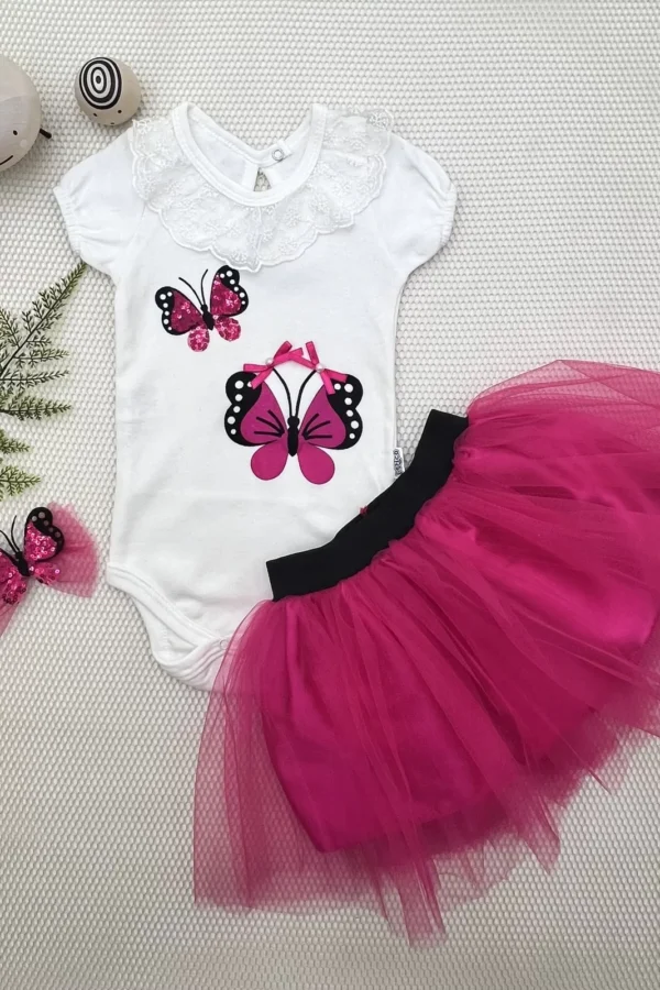 9-12-18 Ay Payetli Kelebek Nakışlı Taçlı Kısa Kollu Tütü Etek 3lü Kız Bebek Takımı Fuşya