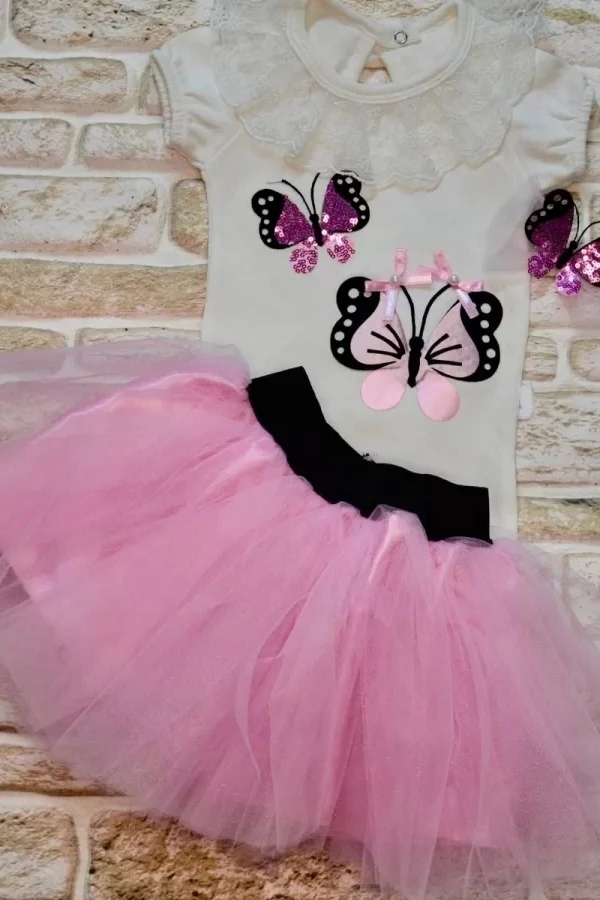 9-12-18 Ay Payetli Kelebek Nakışlı Taçlı Kısa Kollu Tütü Etek 3lü Kız Bebek Takımı