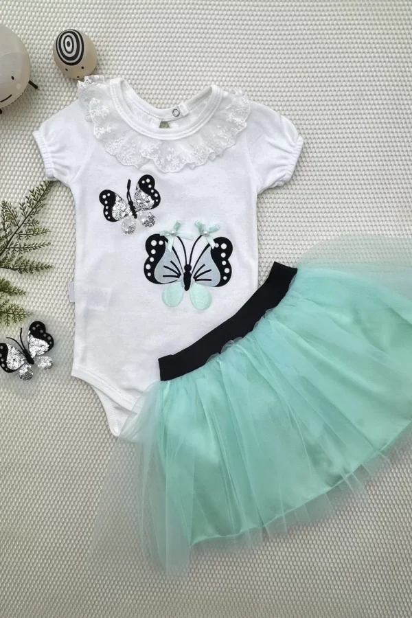 9-12-18 Ay Payetli Kelebek Nakışlı Taçlı Kısa Kollu Tütü Etek 3lü Kız Bebek Takımı