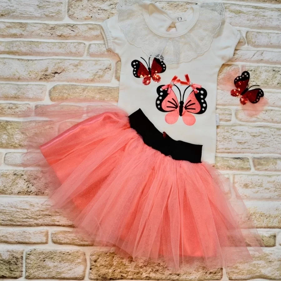 9-12-18 Ay Payetli Kelebek Nakışlı Taçlı Kısa Kollu Tütü Etek 3lü Kız Bebek Takımı - Görsel 2