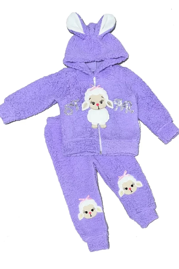 9-12-18 Ay Star Kuzucuk Nakışlı Kulaklı Kapşon Kuzu Kumaş Uzun Kollu Kız Bebek 2 Li Takım