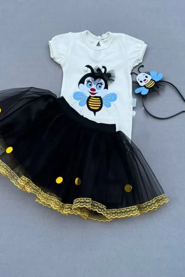 9-12-18 Ay Taçlı Arı Desenli Tişörtlü Tütü Etekli 2li Kız Bebek Takımı