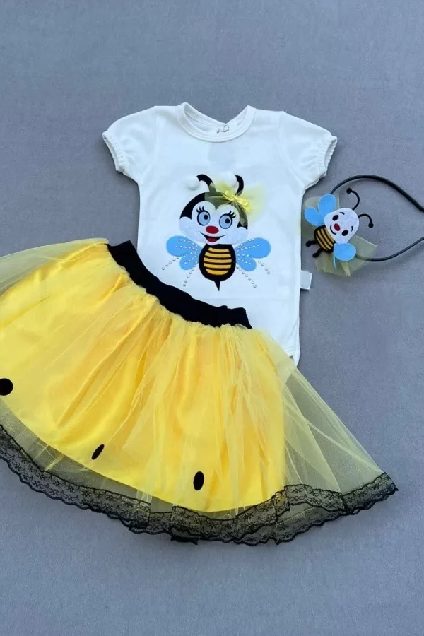 9-12-18 Ay Taçlı Arı Desenli Tişörtlü Tütü Etekli 2li Kız Bebek Takımı