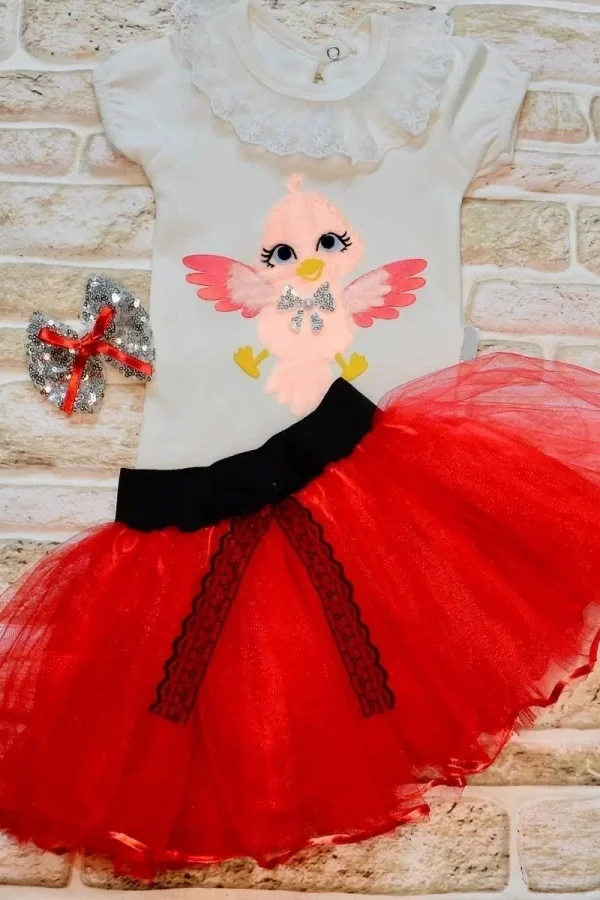9-12-18 Ay Toka Hediyeli Kuş Desenli Tişört Tütü Etek 2li Kız Bebek Takımı