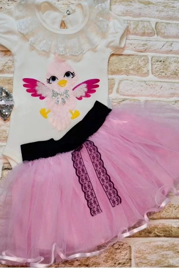 9-12-18 Ay Toka Hediyeli Kuş Desenli Tişört Tütü Etek 2li Kız Bebek Takımı