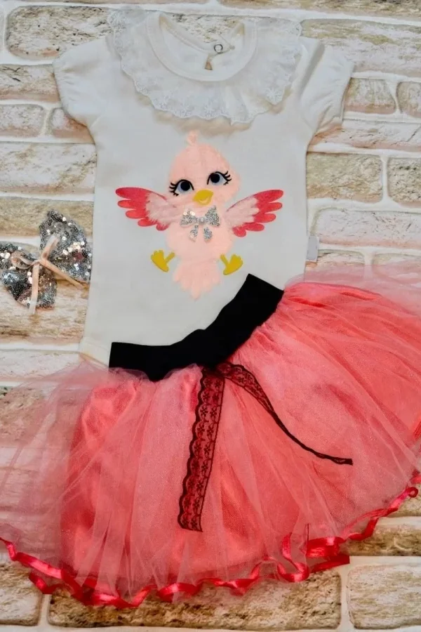 9-12-18 Ay Toka Hediyeli Kuş Desenli Tişört Tütü Etek 2li Kız Bebek Takımı