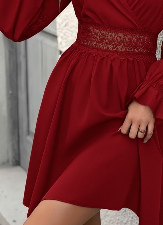 Kadın Uzun Kollu Kruvaze Yakalı Dantelli Fermuar Detaylı Mini Ithal Krep Elbise - Görsel 8