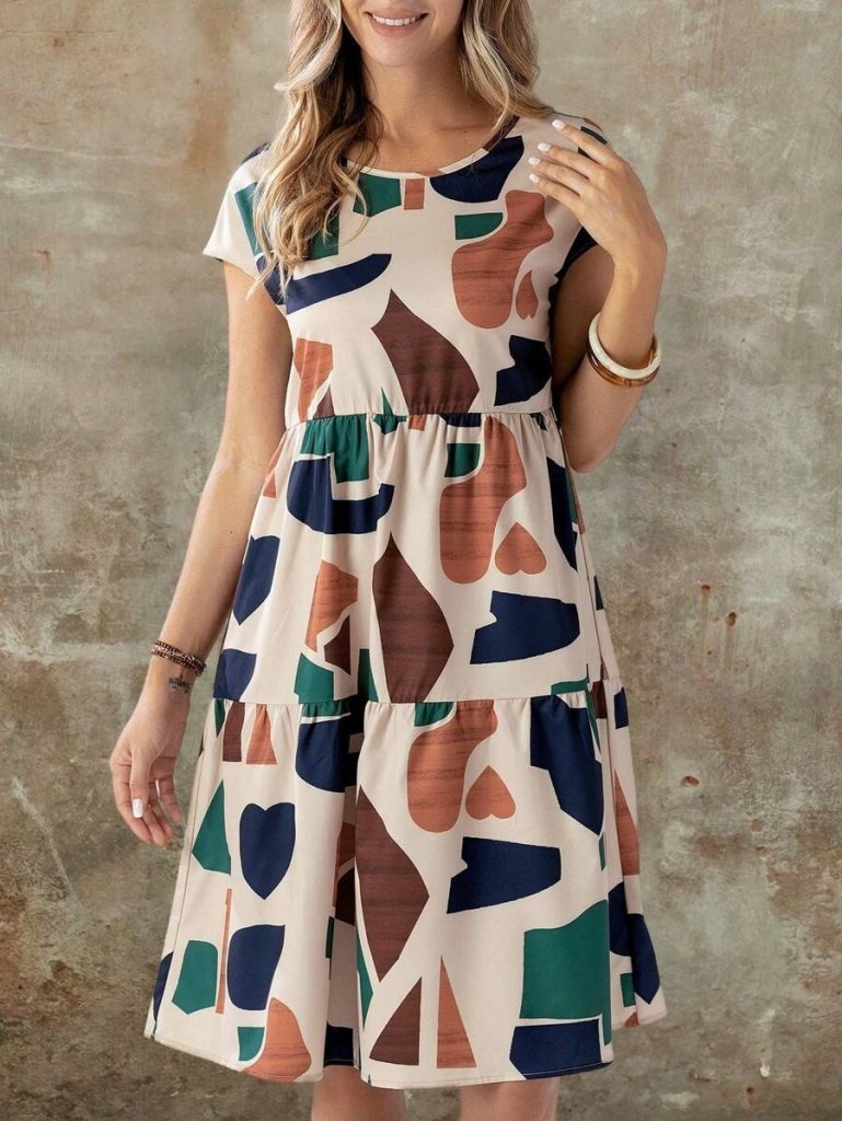 Kadın Kısa Kollu Bisiklet Yaka Desenli Fırfırlı Süprem Elbise - Görsel 10