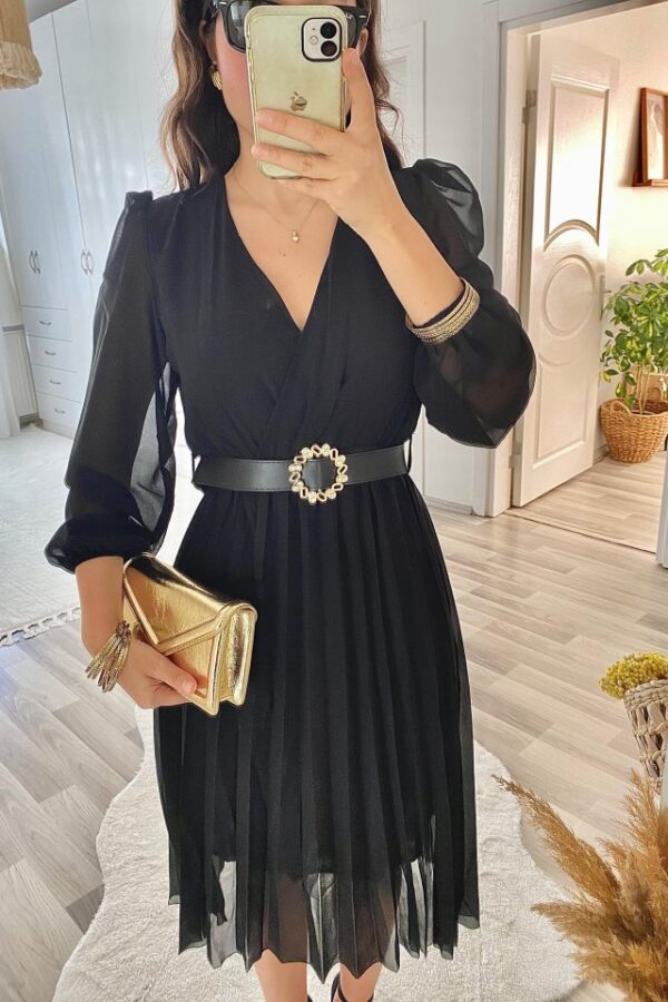 Kadın şifon Kumaş Astalı Kloş Kesim Kruvaze Yaka Midi Boy Elbise