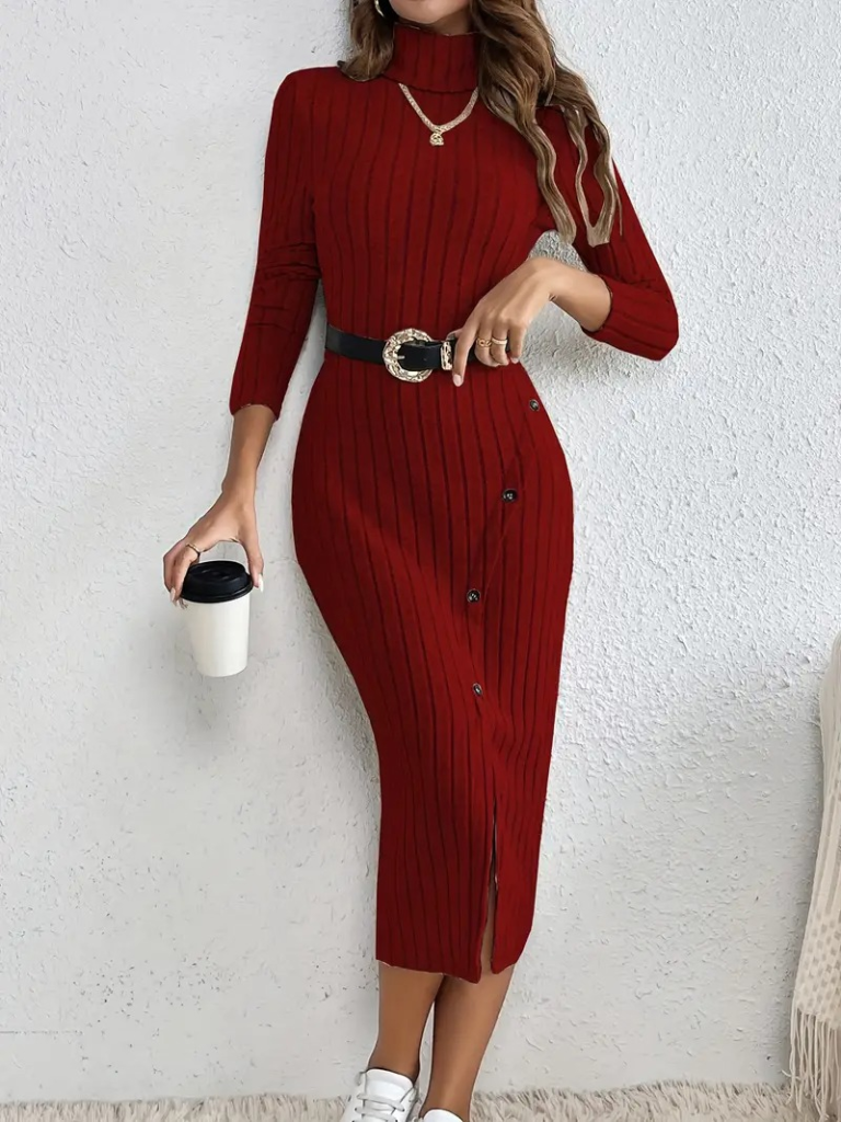 Kadın Uzun Kollu Balıkçı Yaka Yırtmaçlı Düğmeli şardonlu Kaşkorse Elbise - Görsel 11