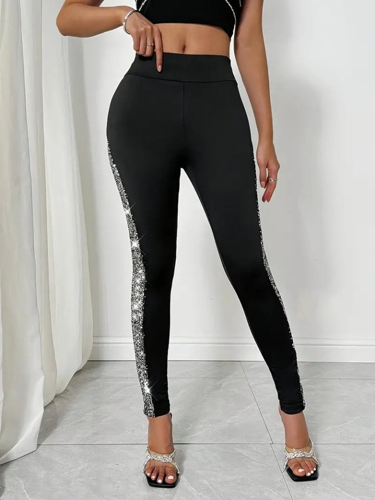 Kadın Yüksek Bel Yarı şerit Pul Payetli Dalgıç Tayt - Görsel 6