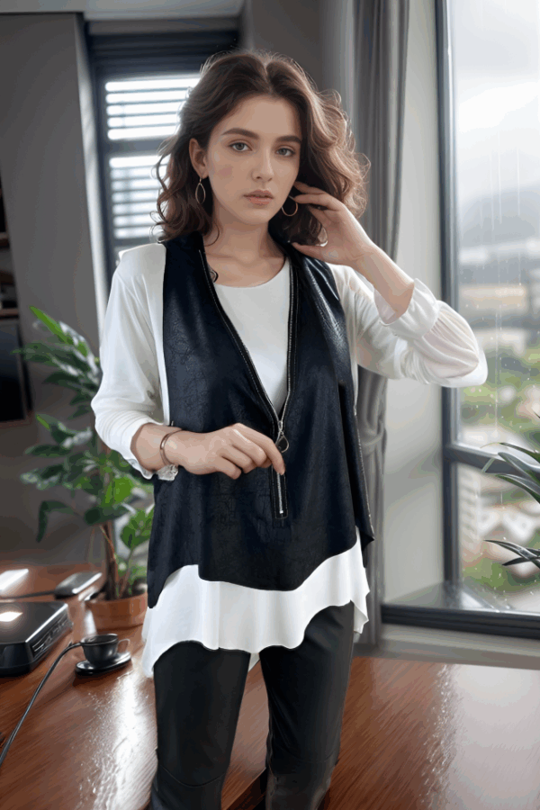 Kadın Uzun Kol Asimetrik Kesim Viskon Bluz Ve çatlak Deri Görünümlü Fermuar Detaylı Yelek Ikili Takım