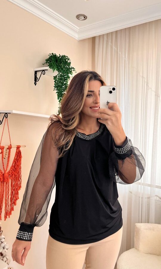 Kadın Uzun Kollu Bisiklet Yaka Taşlı Kol Tül Detaylı Sandy Bluz