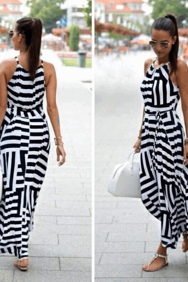 Kadın Askılı Belden Bağlamalı Geometrik Desen Krep Elbise