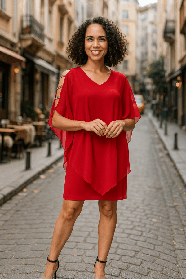 Kadın Omzu Açık V Yaka Şifonlu Sandy Kumaş Fırsat Ürün Diz Üstü Elbise