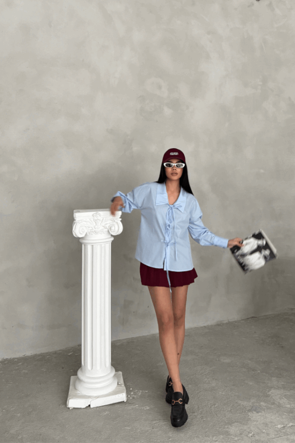 OKUL YAKA POPLİN GÖMLEK İP BAĞLAMA DETAYLI - Bebe Mavi