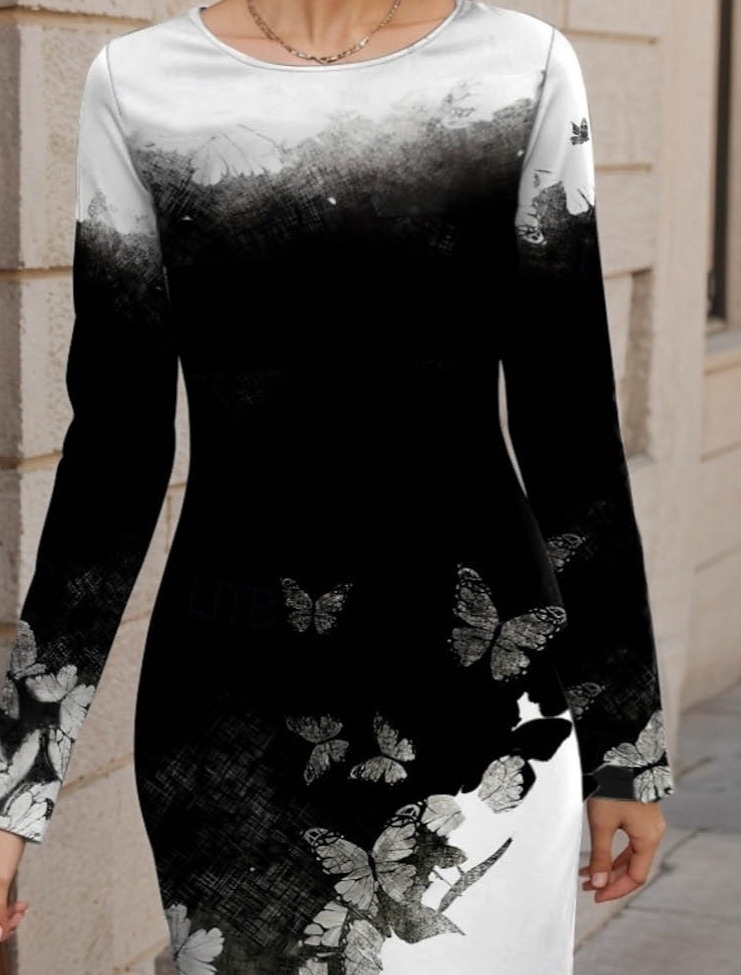 Kadın Uzun Kollu Bisiklet Yaka çiçek Desenli Kısa şardonlu Dalgıç Elbise - Görsel 2