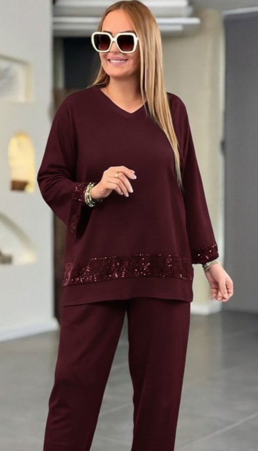 Kadın Uzun Kollu V Yakalı Pulpayet Viskon Iki Iplik Bluz Ve Pantolon Takım - Görsel 2