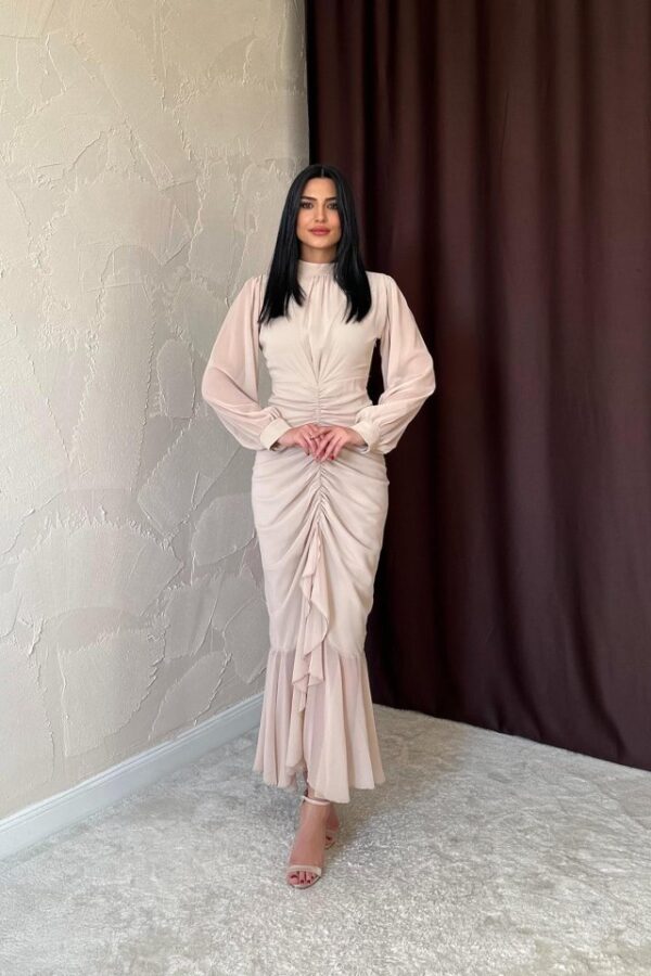 Zümrüt Önü Büzgülü Şifon Elbise